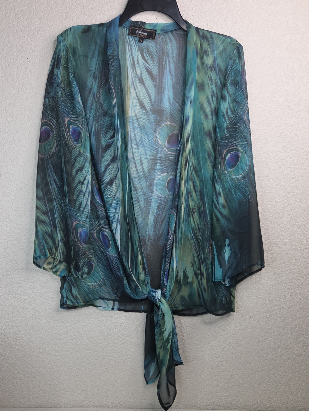 Silky Peacock Print Tie-Front Kimono Style Cardigan